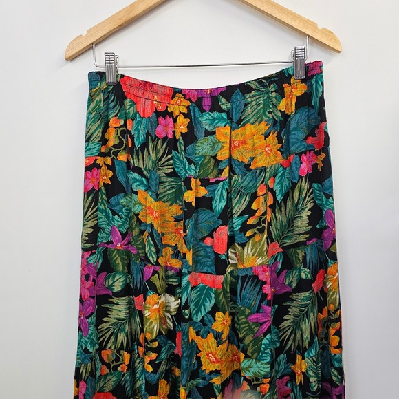 Vintage Carole Little Maxi Skirt 10P Tropical Dark Floral Tiered 90s Boho Resort - Picture 5 of 9